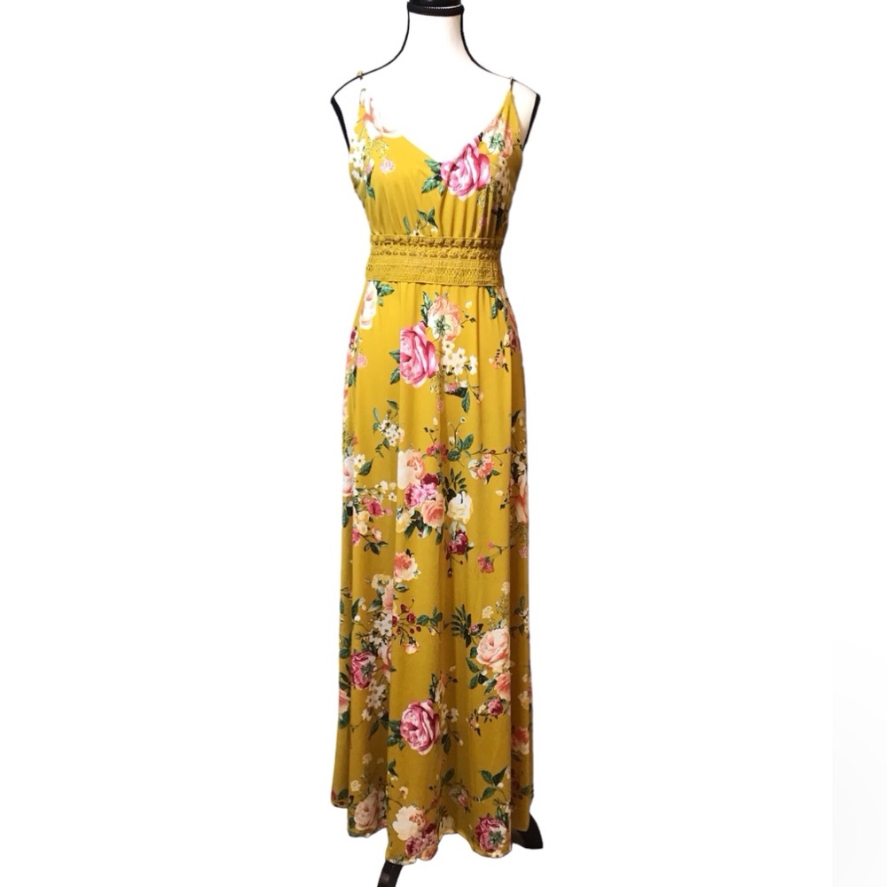 Blashe Womens Tropical Maxi Floral Sundress Sleeveless Size Large Gold Lace